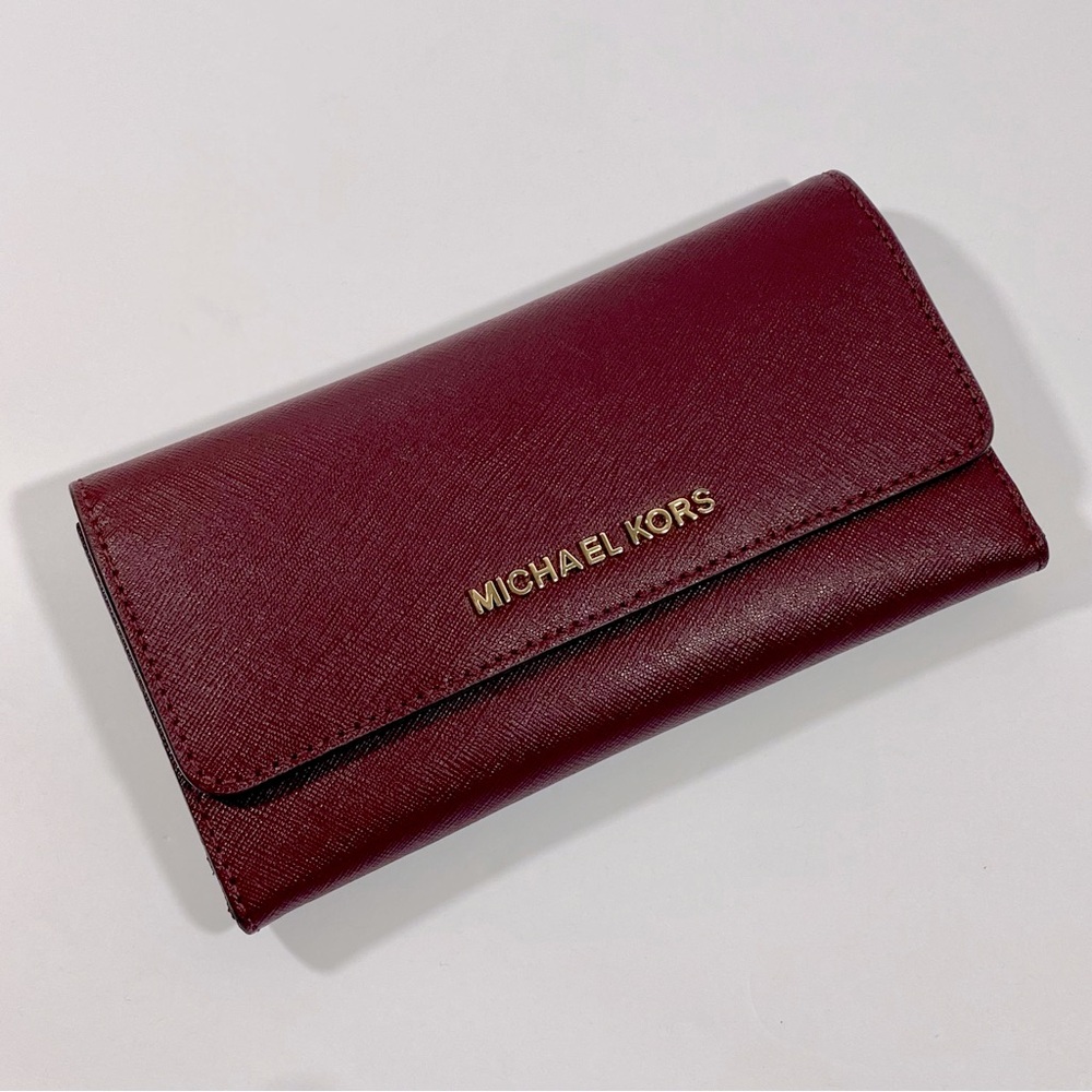 Michael Kors Women Jet Set Travel Saffiano Trifold Wallet Merlot/Burgundy